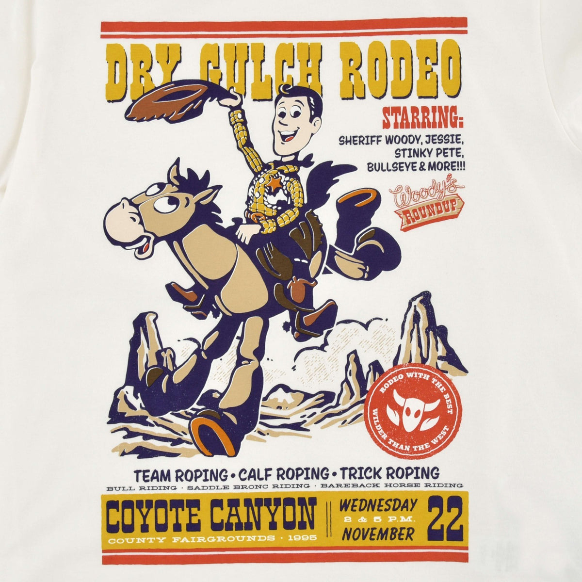 Japan Tokyo Disney Store Woody Bullseye T-Shirt White Ringer Toy Story Western