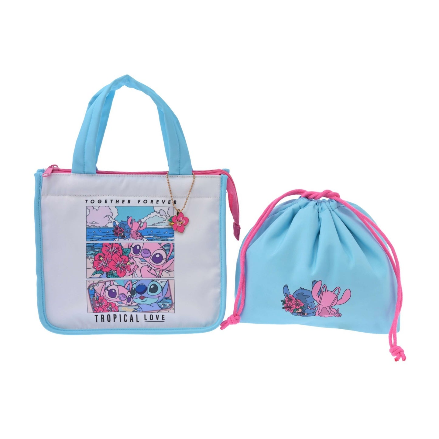 Japan Tokyo Disney Store Stitch & Angel Insulated Tote Drawstring Bag Set Charm