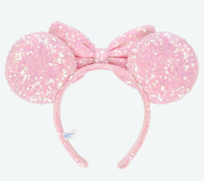 Japan Tokyo Disney Resort Ears HeadBand Hat Cap Spangle Light Pink Ribbon Minnie