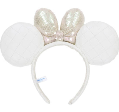 Japan Tokyo Disney Resort Store Ears HeadBand Hat White Leather Pearls Sequins