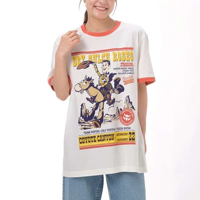 Japan Tokyo Disney Store Woody Bullseye T-Shirt White Ringer Toy Story Western