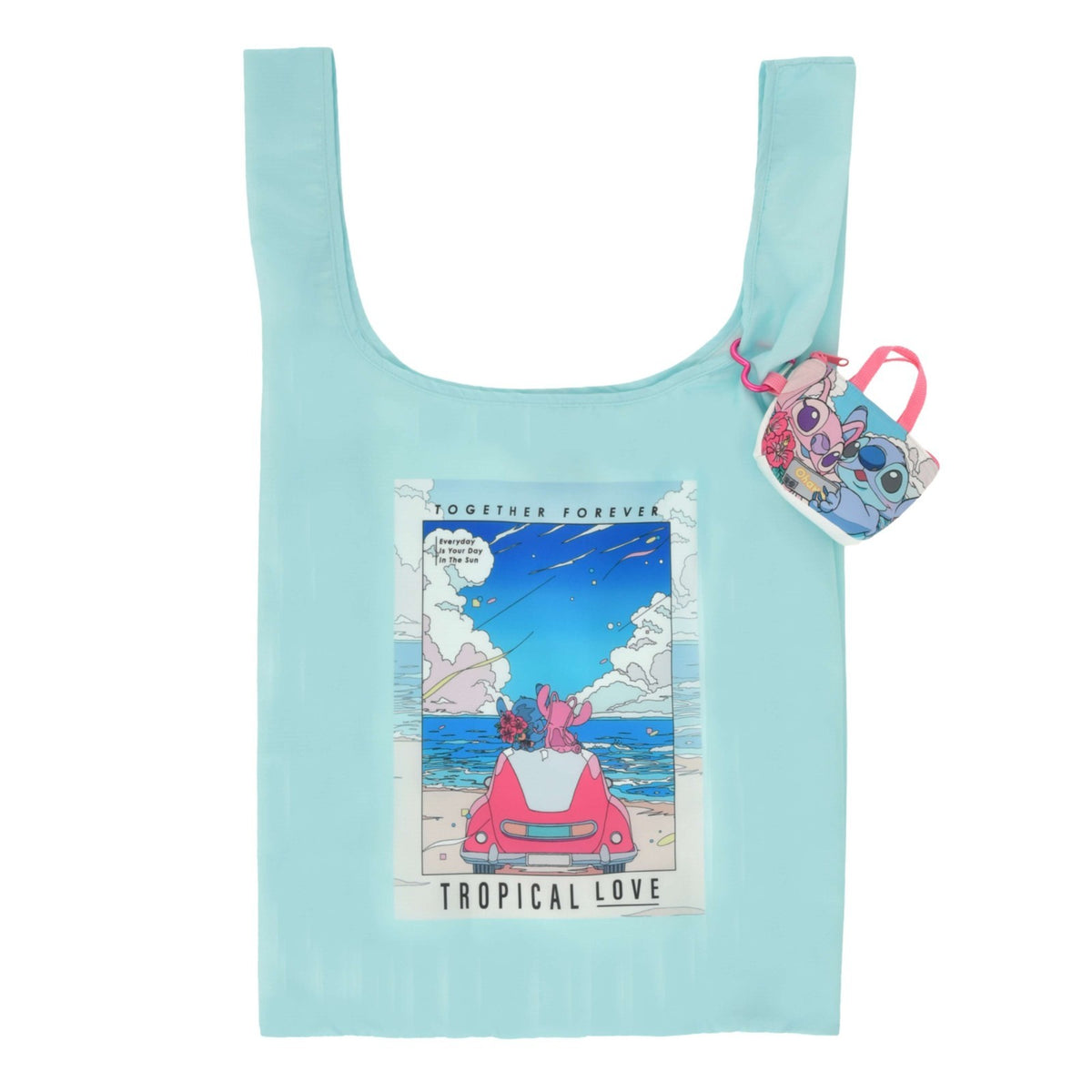 Japan Tokyo Disney Store Stitch & Angel Shopping Eco Bag Pouch & Carabiner