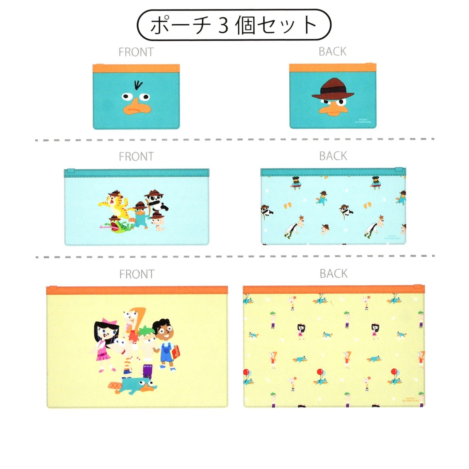 Japan Tokyo Disney Store Phineas and Ferb Flat Pouch Set 3 Sizes