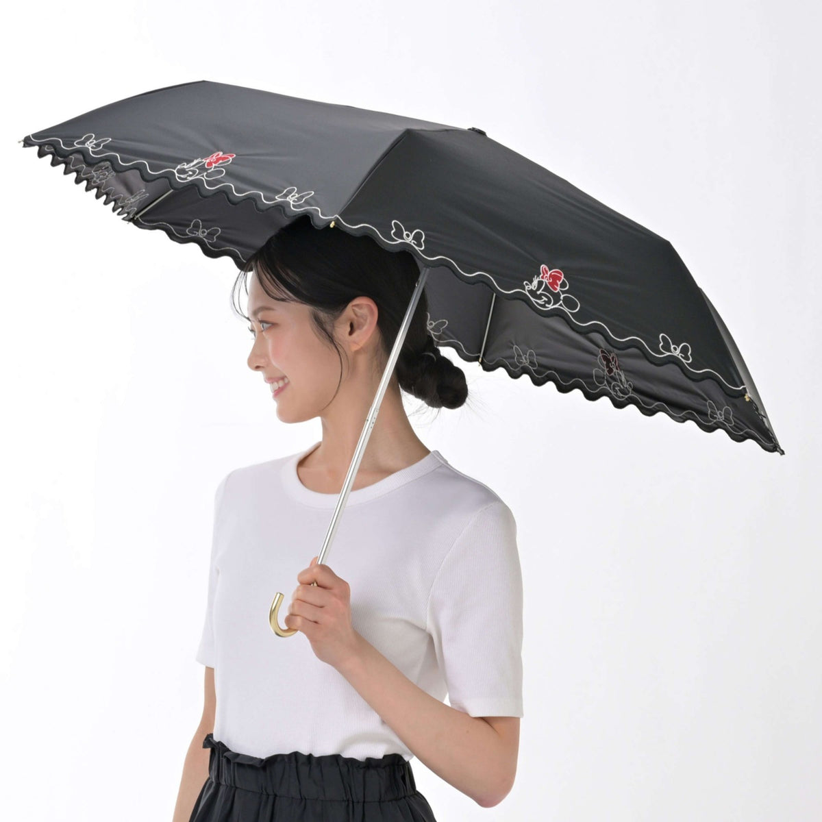 Japan Tokyo Disney Store Minnie Folding Umbrella Sunny Rainy Carabiner SHINY DAY