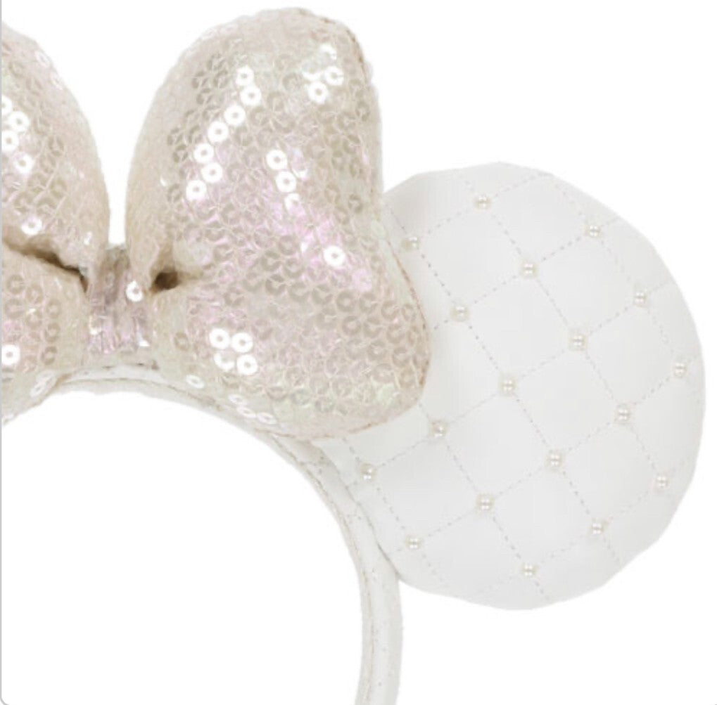 Japan Tokyo Disney Resort Store Ears HeadBand Hat White Leather Pearls Sequins