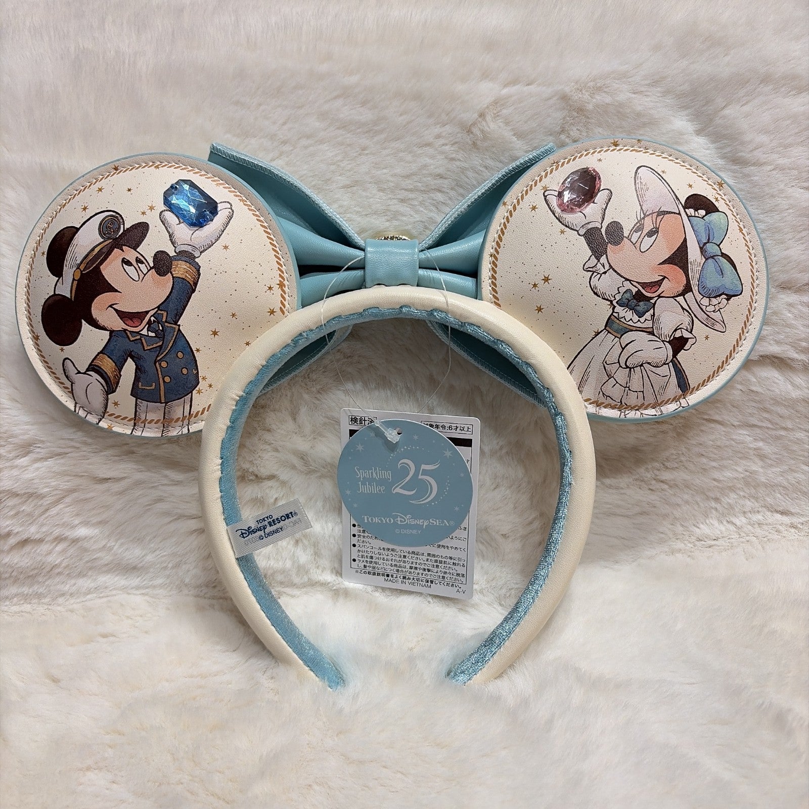 Japan Tokyo Disney Resort Mickey Minnie Headband & Ears Holder Keychain Sea 25th