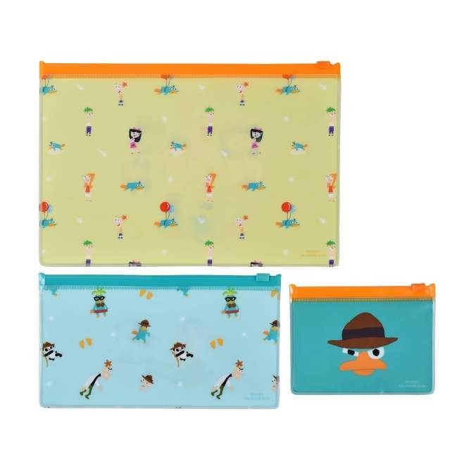 Japan Tokyo Disney Store Phineas and Ferb Flat Pouch Set 3 Sizes