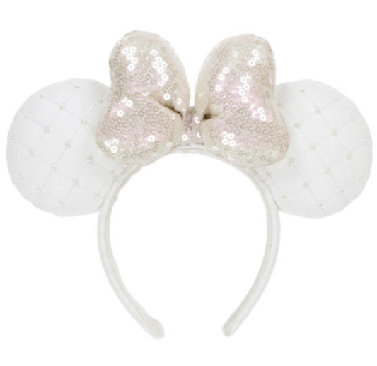 Japan Tokyo Disney Resort Store Ears HeadBand Hat White Leather Pearls Sequins