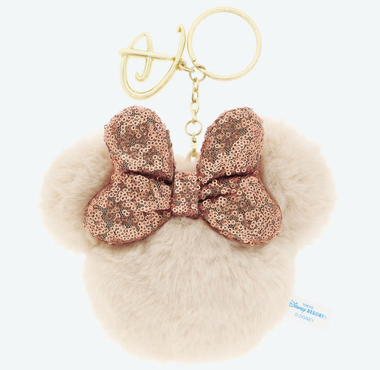 Japan Tokyo Disney Resort Minnie Fluffy Sequin Ears Keychain Brown