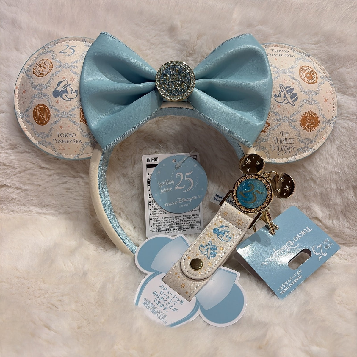 Japan Tokyo Disney Resort Mickey Minnie Headband & Ears Holder Keychain Sea 25th