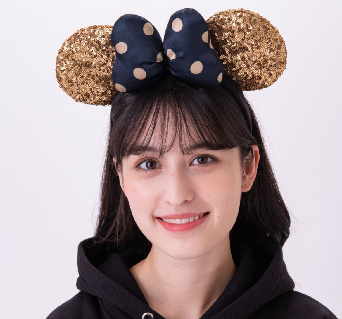 Japan Tokyo Disney Resort Store Ears HeadBand Hat Sequin Gold Dot Pattern