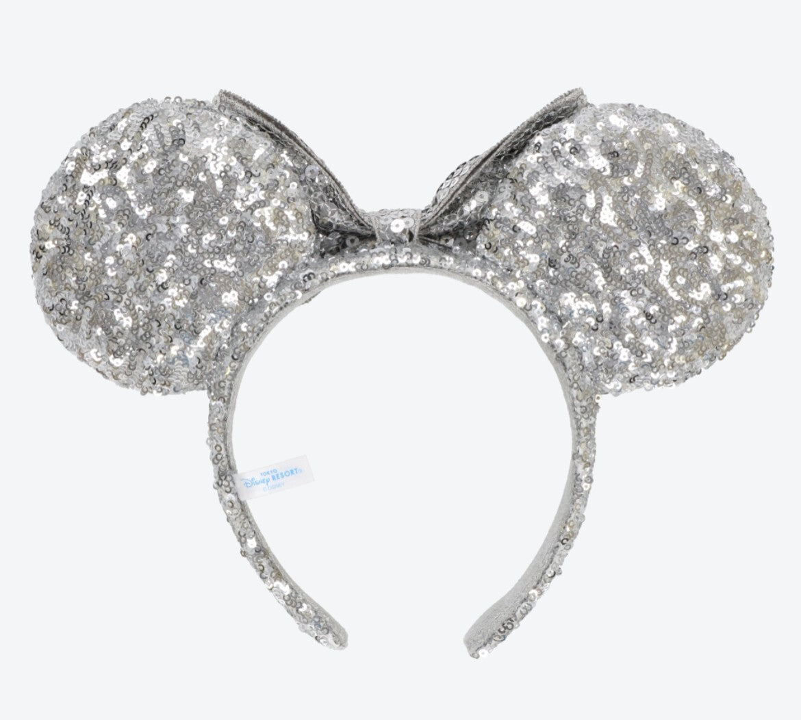 Japan Tokyo Disney Resort Ears HeadBand Hat Minnie Silver sequins shine