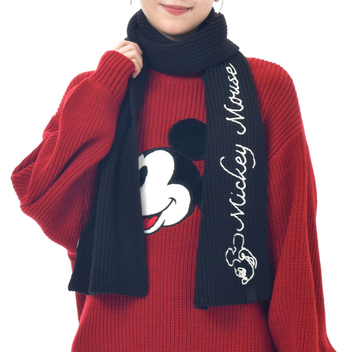 Japan Tokyo Disney Store Mickey Mouse Knit Scarf Line Art Black MAGICAL LABEL