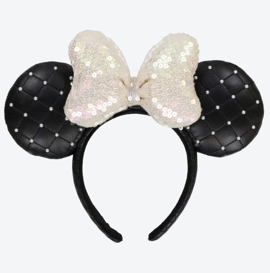 Japan Tokyo Disney Resort Store Ears HeadBand Hat White Leather Pearls Sequins