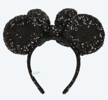 Japan Tokyo Disney Resort Ears HeadBand Hat Minnie Black Ribbon sequins shine