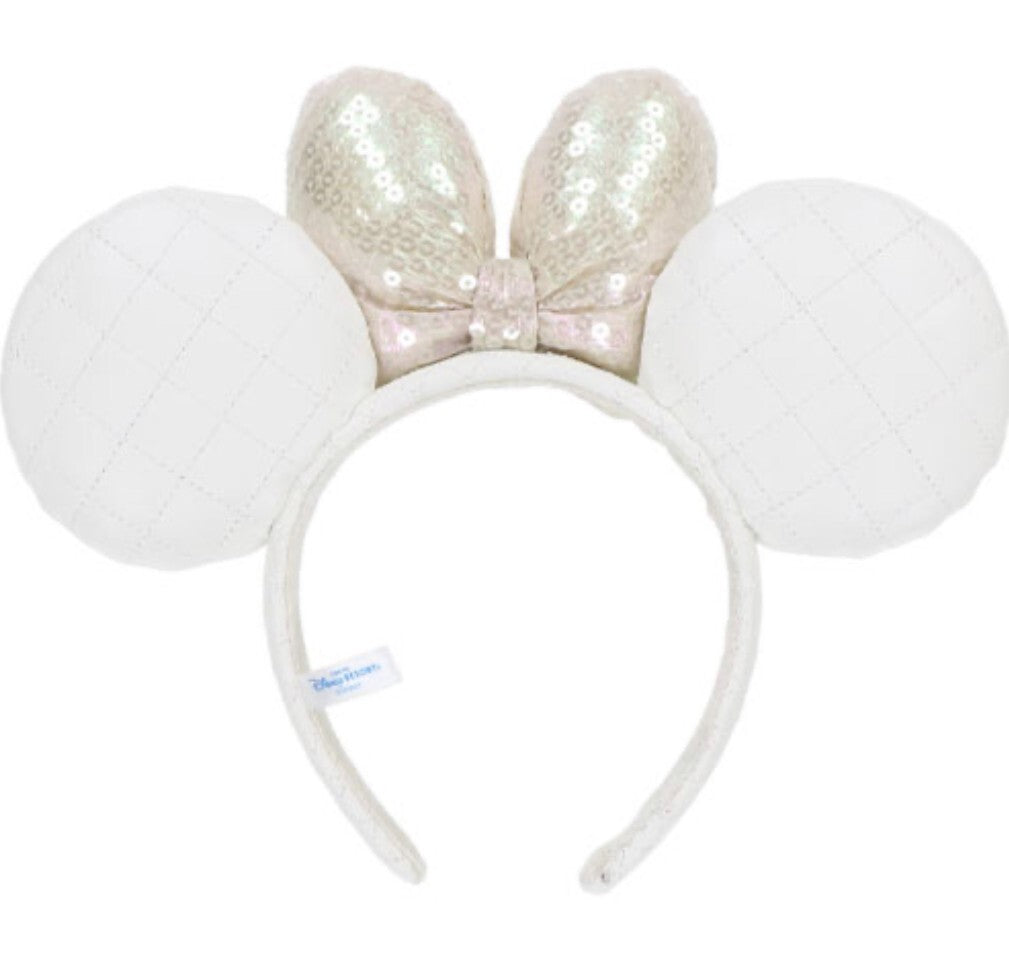 Japan Tokyo Disney Resort Store Ears HeadBand Hat White Leather Pearls Sequins