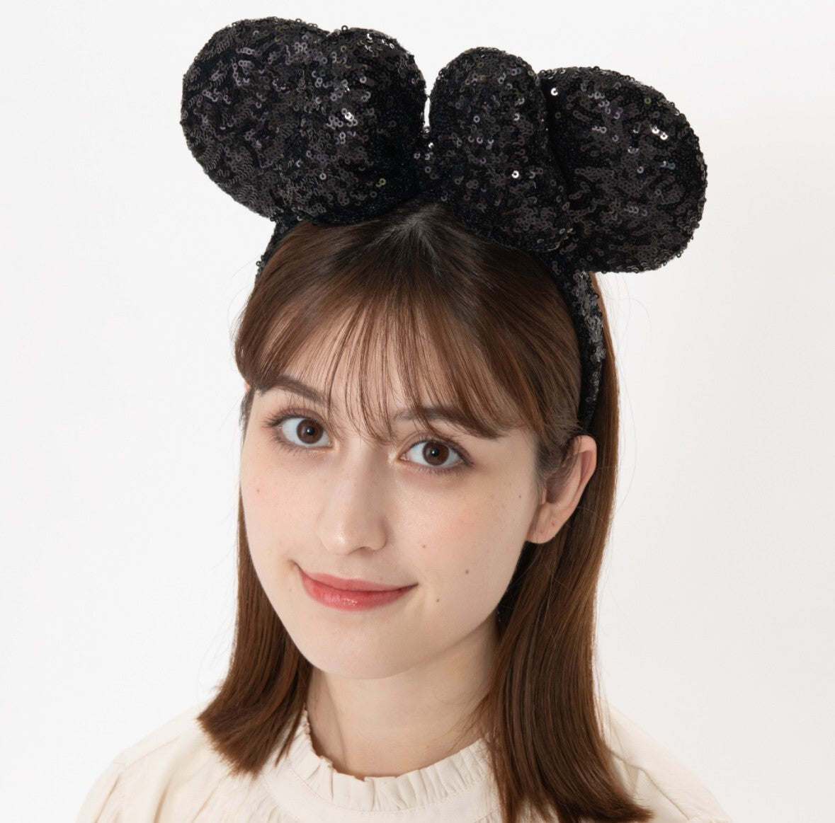 Japan Tokyo Disney Resort Ears HeadBand Hat Minnie Black Ribbon sequins shine