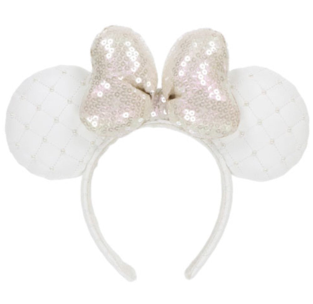 Japan Tokyo Disney Resort Store Ears HeadBand Hat White Leather Pearls Sequins