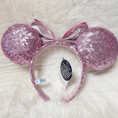 Japan Tokyo Disney Resort ears headband sequin pink heart glitter Minnie