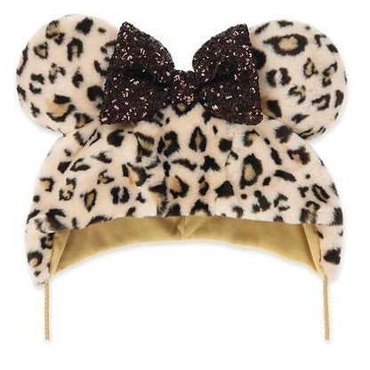 Japan Tokyo Disney Resort Minnie Fan Cap Fluffy Leopard print Beige